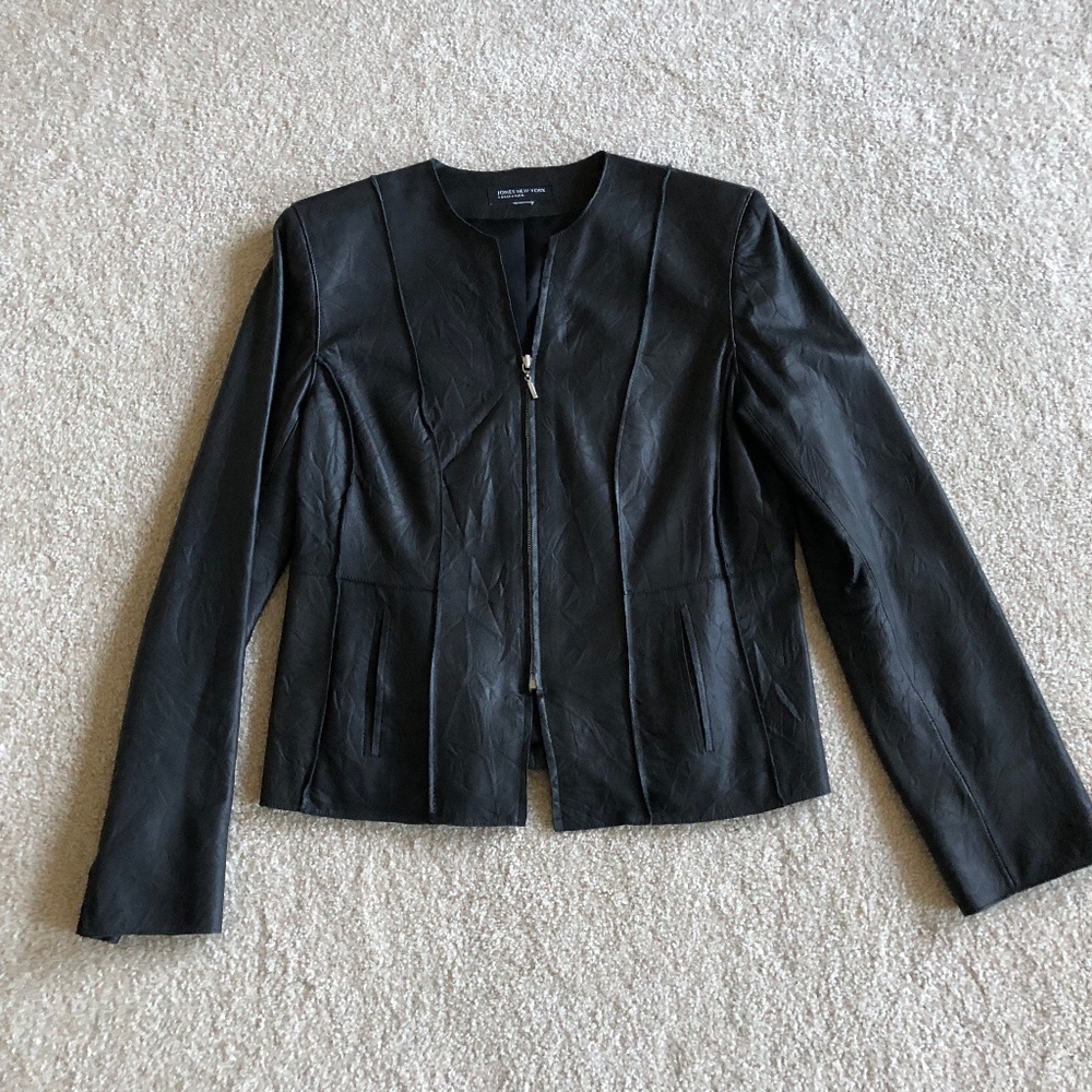 Jones NY Collection Black Leather Zip Front Jacket